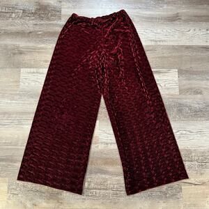 Velvet Wide Leg Pants Burgundy Crushed Textured High Rise Lounge Glam M